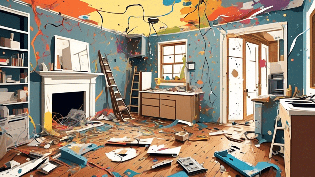 A chaotic living room mid-renovation with classic mistakes highlighted: measuring tape inaccurately placed, mismatched paint colors on walls, uneven flooring installation, poorly installed kitchen cabinets with doors askew, a window covered in paint splatters, tangled electrical wires exposed, and a frustrated homeowner holding a how-to manual upside down.