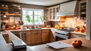 A cozy, modern kitchen undergoing renovation with a visible budget plan and calculator on the counter, illustrating cost-effective updates and smart spending.