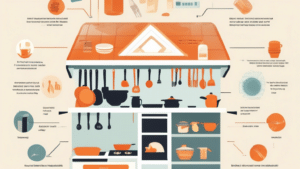 An illustrated infographic displaying a breakdown of a budget for a kitchen makeover, including costs for cabinetry, appliances, labor, and materials, with icons representing each category.