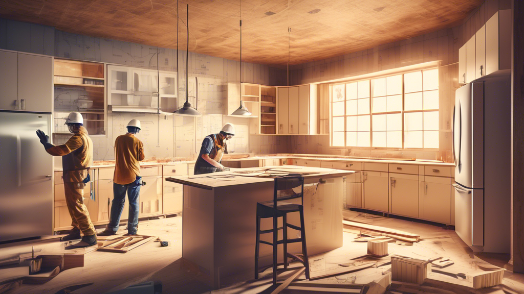 Detailed illustration of a kitchen renovation in progress, with workers installing cabinets and flooring, and a transparent overlay showing calculators and various charts indicating labor costs for 2024.