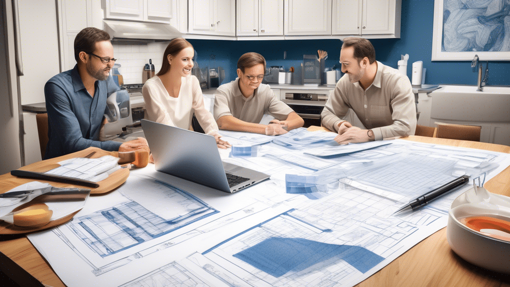 An elegant, detailed illustration of a family sitting around a kitchen table covered in blueprints, samples of materials, and a laptop displaying a budget spreadsheet, with various kitchen design elements in the background.