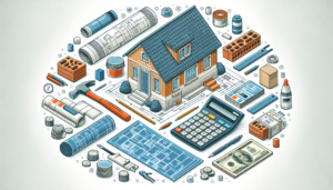 An image representing the basics of home renovation costs. It should illustrate various elements involved in a typical home renovation, such as a blueprint of a house, a calculator for budgeting, construction tools like a hammer and drill, and materials like bricks and paint. Note that the image should have a raw and realistic appearance without any text or written annotations. Also, these elements should be placed in an organized fashion to give a clear understanding of the renovation costs.