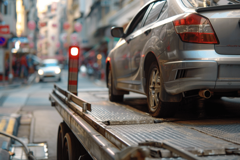 Car on a flatbed being towed