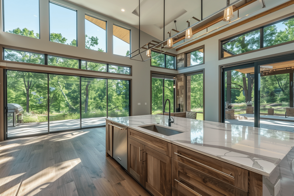 Kitchen with large windows 