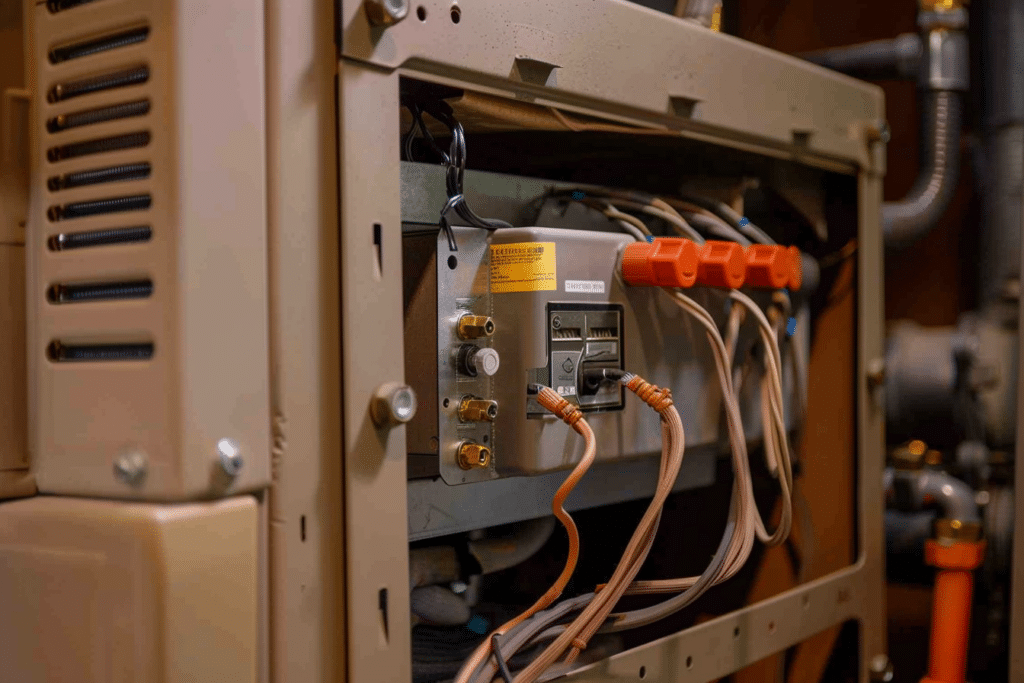 Light brown furnace with cables showing | How Much Does A York Furnace Cost?