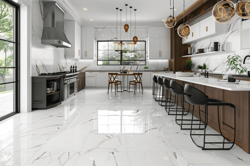 Luxury white porcelain marble installed in kitchen | How Much Does Tile Installation Cost?