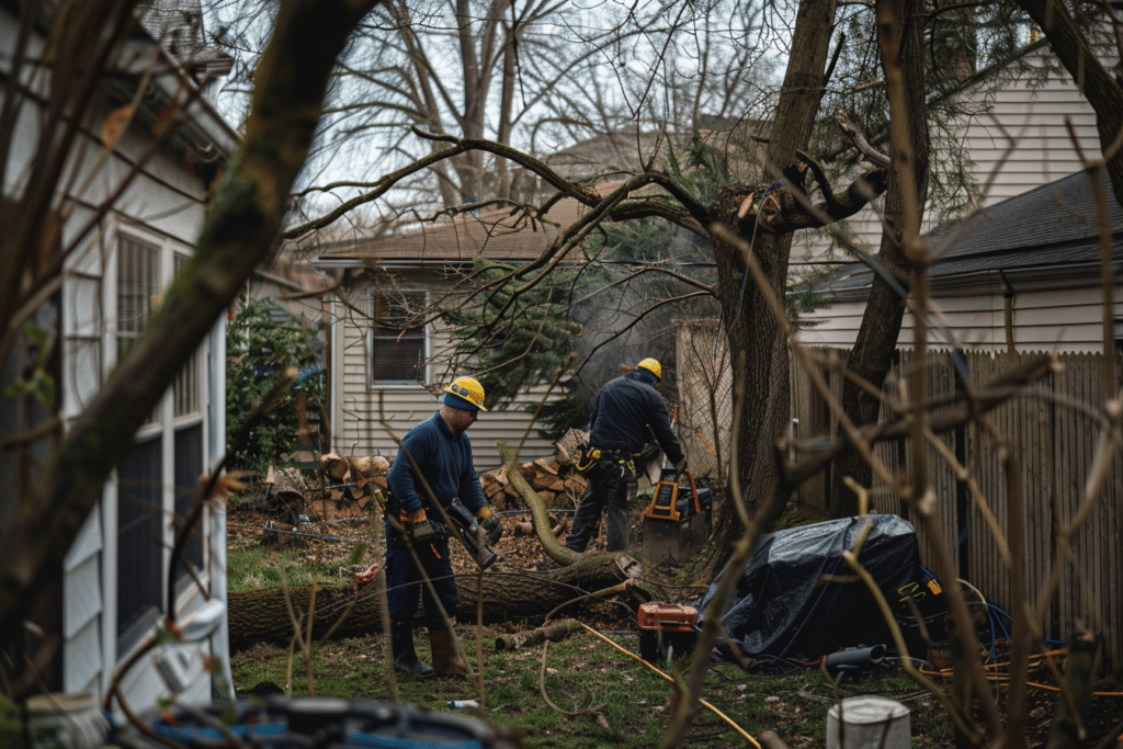 Men cutting down a tree in a backyard