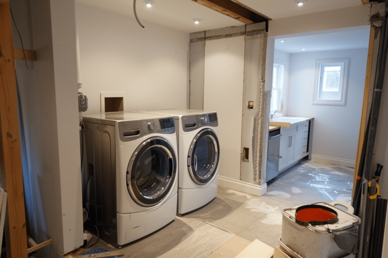 New modern washer and dryer being installed