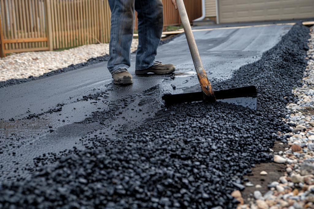 Professional pouring of asphalt on a driveway