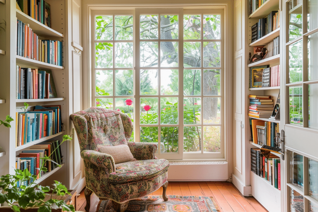 Small Sunroom with Reading Chair and Bookshelf | How Much Does A Sunroom Cost?