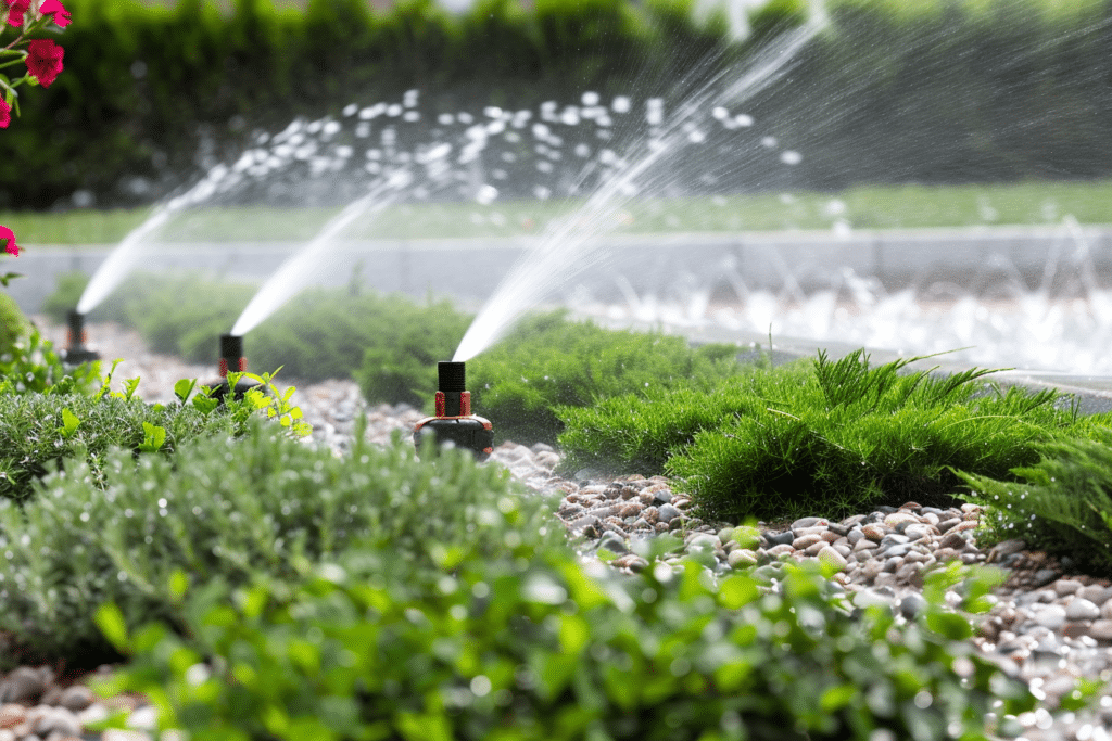 Sprinkler system installation on yard
