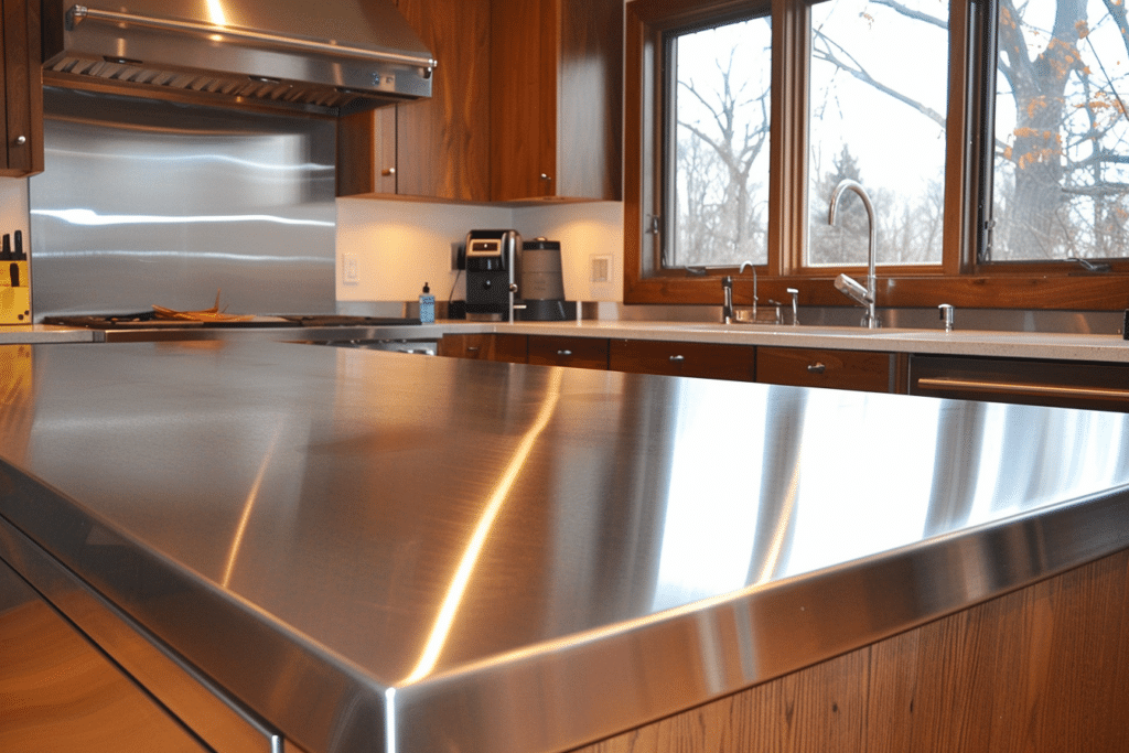 Stainless Steel Countertops Installed in Large Kitchen