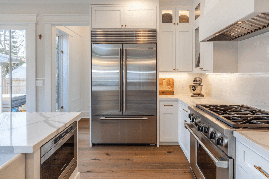 Stainless steel fridge, stove, oven and microwave installed in a new kitchen