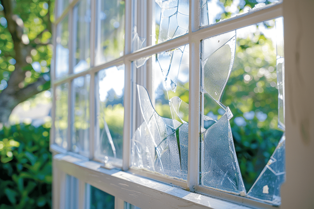 cracked home window glass with brand new frames