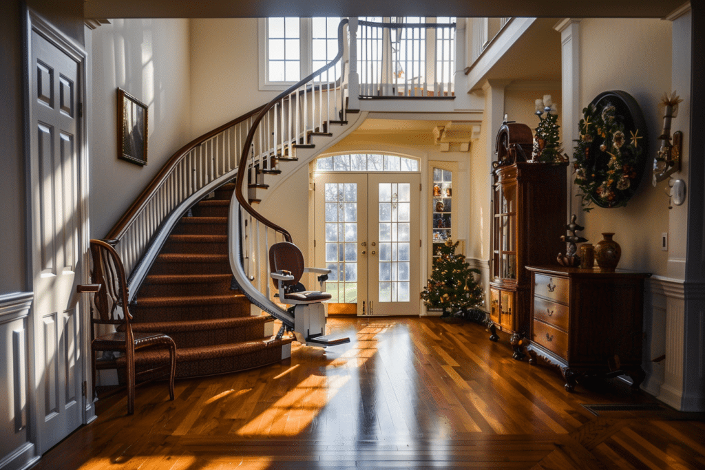 Curved stair lift inside of traditional American home | How Much Does A Stair Lift Cost?