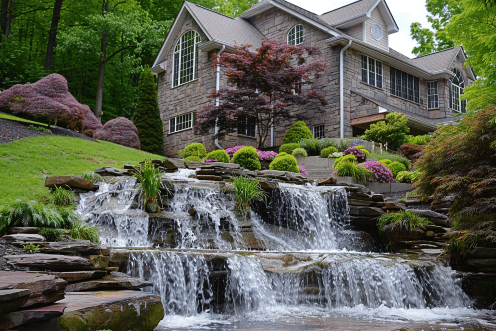 Expensive waterfall in front yard of large home | How Much Does a Waterfall Cost or Water Fountain Cost?