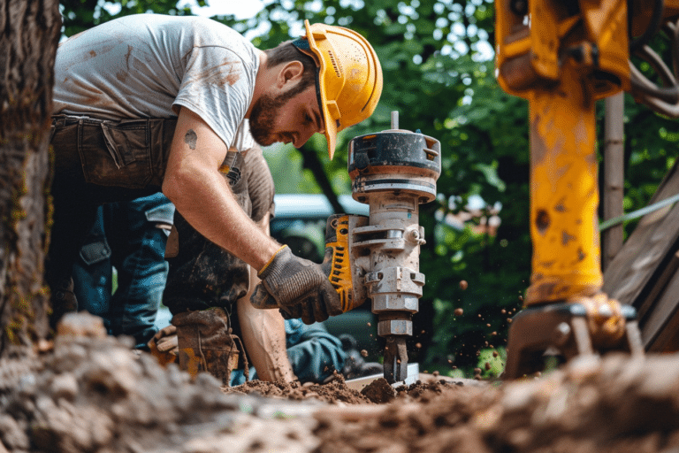 men drilling a hole into the ground in backyard