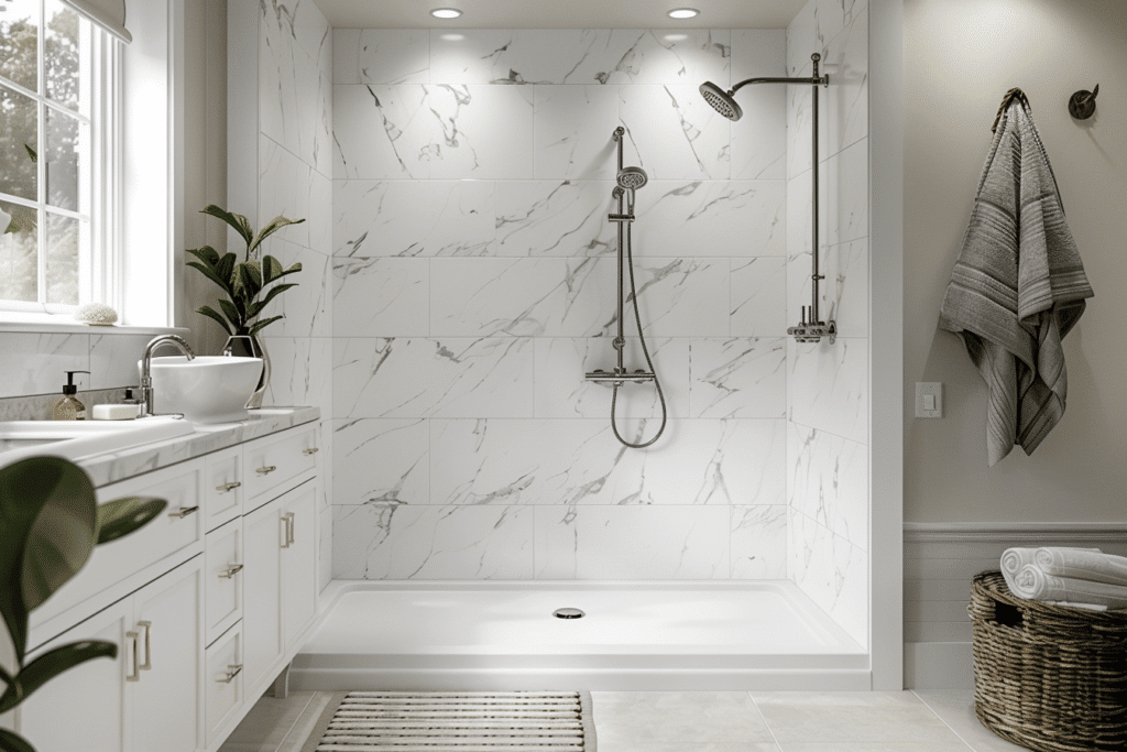 Prefabricated walk-in shower installed in renovated washroom | How Much Does A Walk-In Shower Cost?