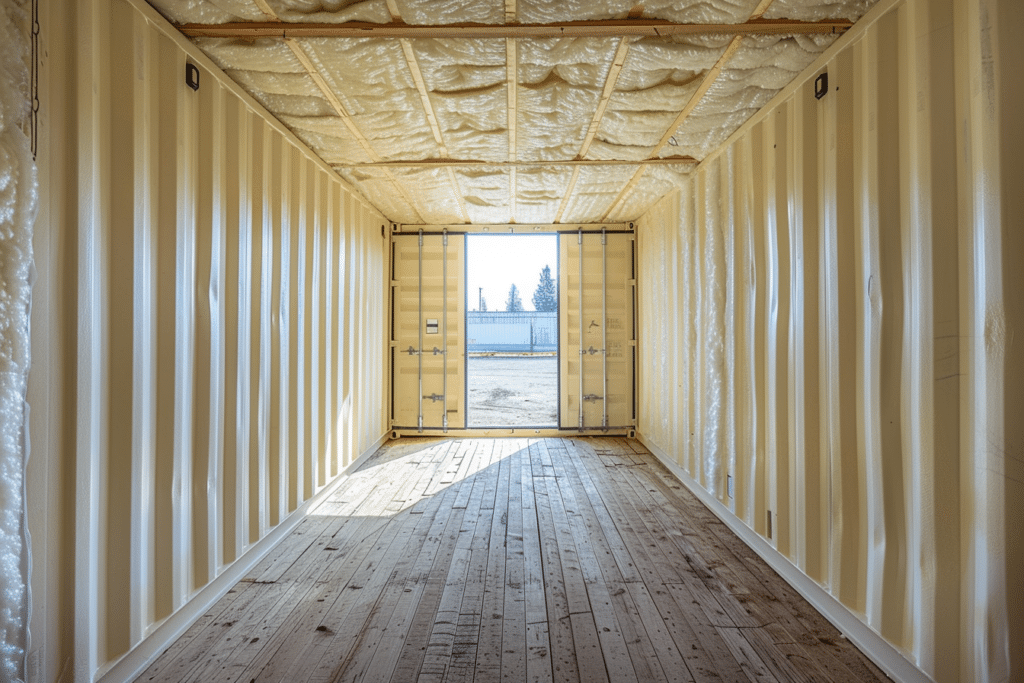 Shipping container with spray foam insulation being installed | How Much Does a Pole Barn or Metal Building Spray Foam Insulation Cost?