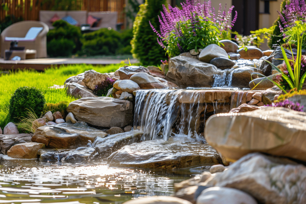 Small waterfall in backyard of suburban home | How Much Does It Cost to Install a Waterfall?