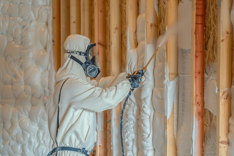 spray foam insulation being sprayed onto wall boards