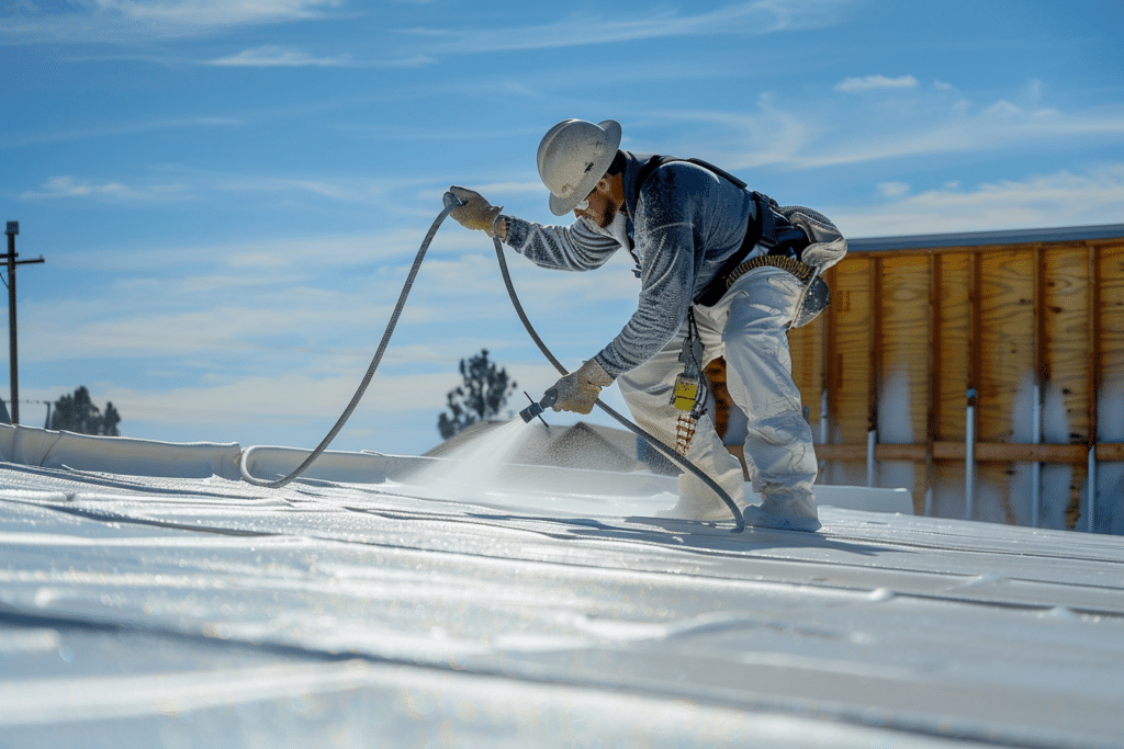 Spray foam roofing being applied to industrial building roof | How Much Does Spray Foam Roofing Cost?