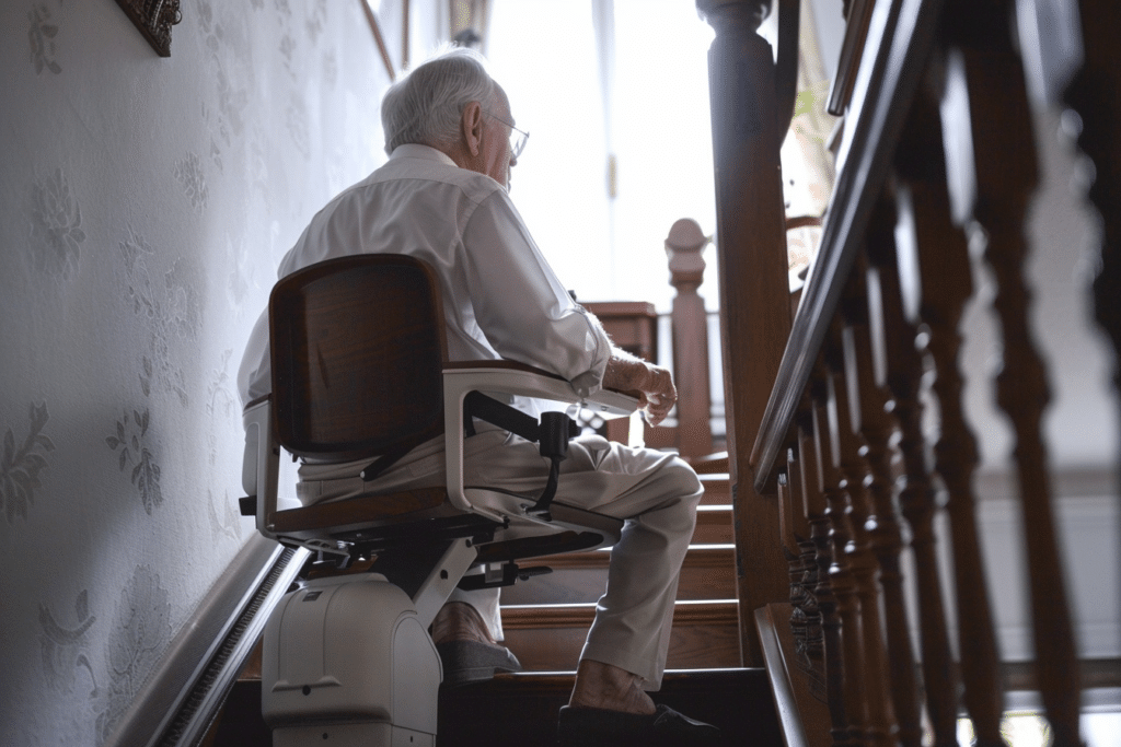 Stair lift taking elderly gentleman up the stairs | How Much Does A Stair Lift Cost?