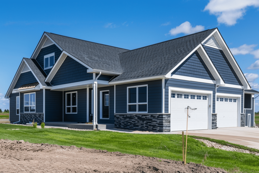 Newly built home with blue vinyl siding | How Much Does Vinyl Siding Cost?