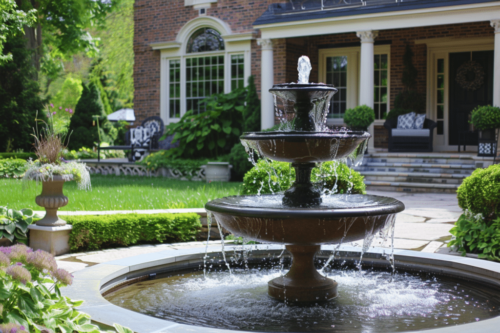 Water fountain in front of suburban home | How Much Does a Waterfall Cost or Water Fountain Cost?