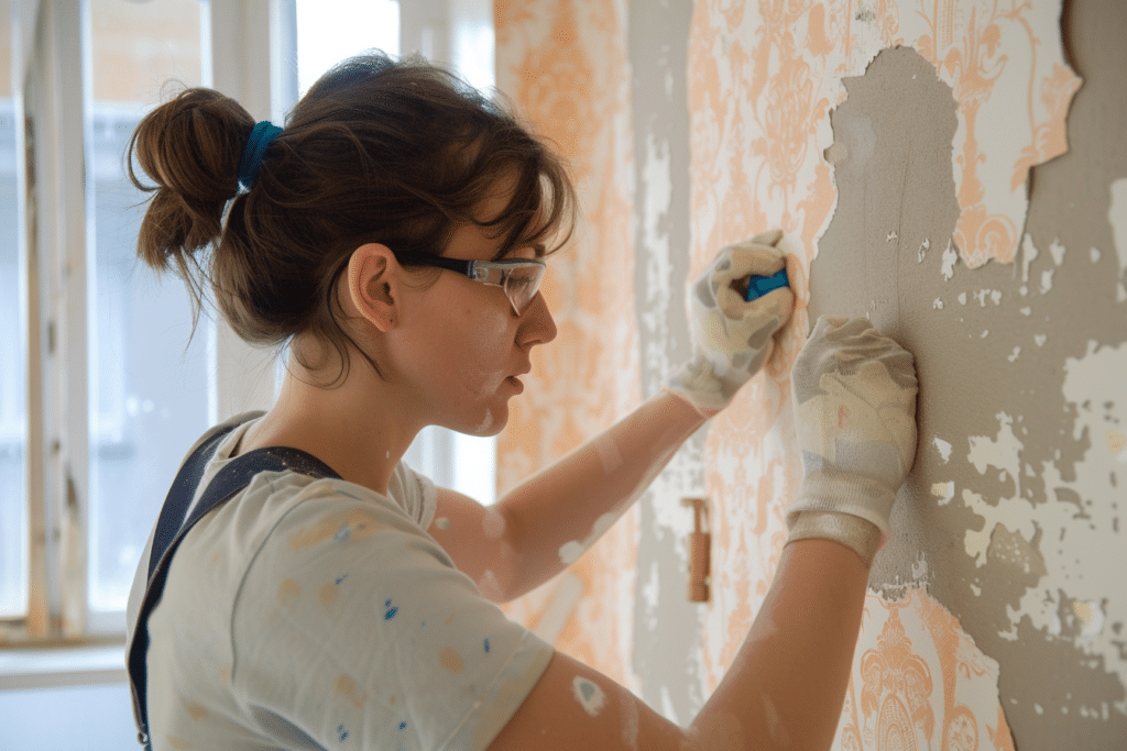 Woman removing wallpaper from the wall | How Much Does It Cost To Remove Wallpaper?